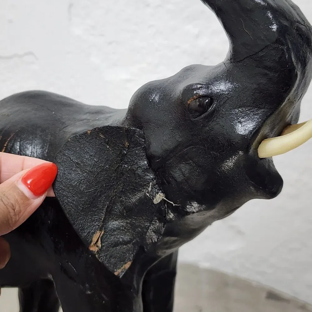 Vtg Black Leather Wrapped Elephant Statue Figurine Trunk Up MCM Safari Decor 11